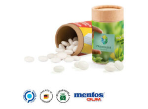 Papierdose Eco Midi Werbeetikett aus weißem Papier Mentos Gum Peppermint zuckerfrei als Werbeartikel mit Logo bedrucken