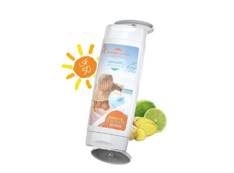 DuoPack Sonnenmilch LSF 50 (sensitiv) + Duschgel Ingwer-Limette (2 x 50 ml) als Werbeartikel mit Logo bedrucken