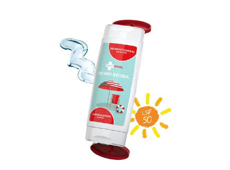 DuoPack Sonnenmilch LSF 50 (sensitiv) + Hände-Desinfektionsgel (DIN EN1500) (2 x 50 ml) als Werbeartikel mit Logo bedrucken