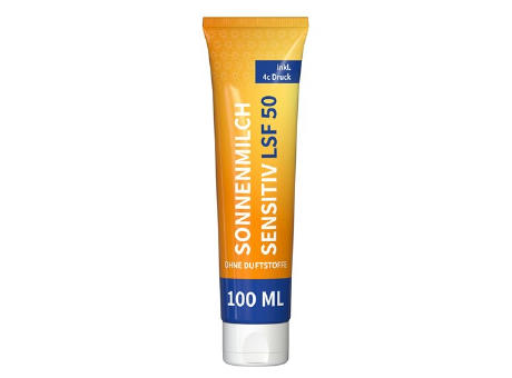 100 ml Tube - Sonnenmilch LSF 50 (sensitiv) - FullbodyPrint als Werbeartikel mit Logo bedrucken
