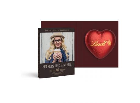 Werbekarte mit Lindt Schokoladen Herz 20 g als Werbeartikel mit Logo bedrucken