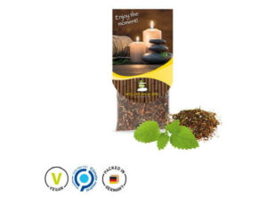 Premium Tee Tassenreiter aus Glanzkarton Kräutertee Feel Relaxed als Werbeartikel mit Logo bedrucken