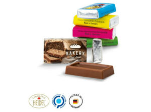 Napolitain aus weißem Papier Heidel Alpenvollmilch Schokolade als Werbeartikel mit Logo bedrucken