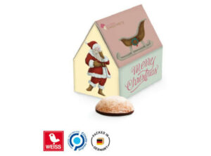 Lebkuchen Haus Werbeverpackung aus weißem Karton WEISS 4er Lebkuchen Mini mit Schokoladenboden als Werbeartikel mit Logo bedrucken