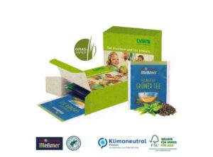 Premium-Tee in der Werbebox auf Graspapier als Werbeartikel mit Logo bedrucken