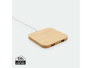 10W Wireless-Charger mit USB aus Bambus als Werbeartikel mit Logo bedrucken